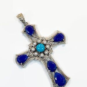 Vintage Lapis Lazuli Cross Pendant Turquoise, Pearl Sterling Silver Nicky Butler
